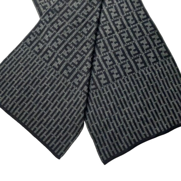 Vintage FENDI Geometric Print F Monogram Black & Gray Logo Scarf - Picture 1 of 9